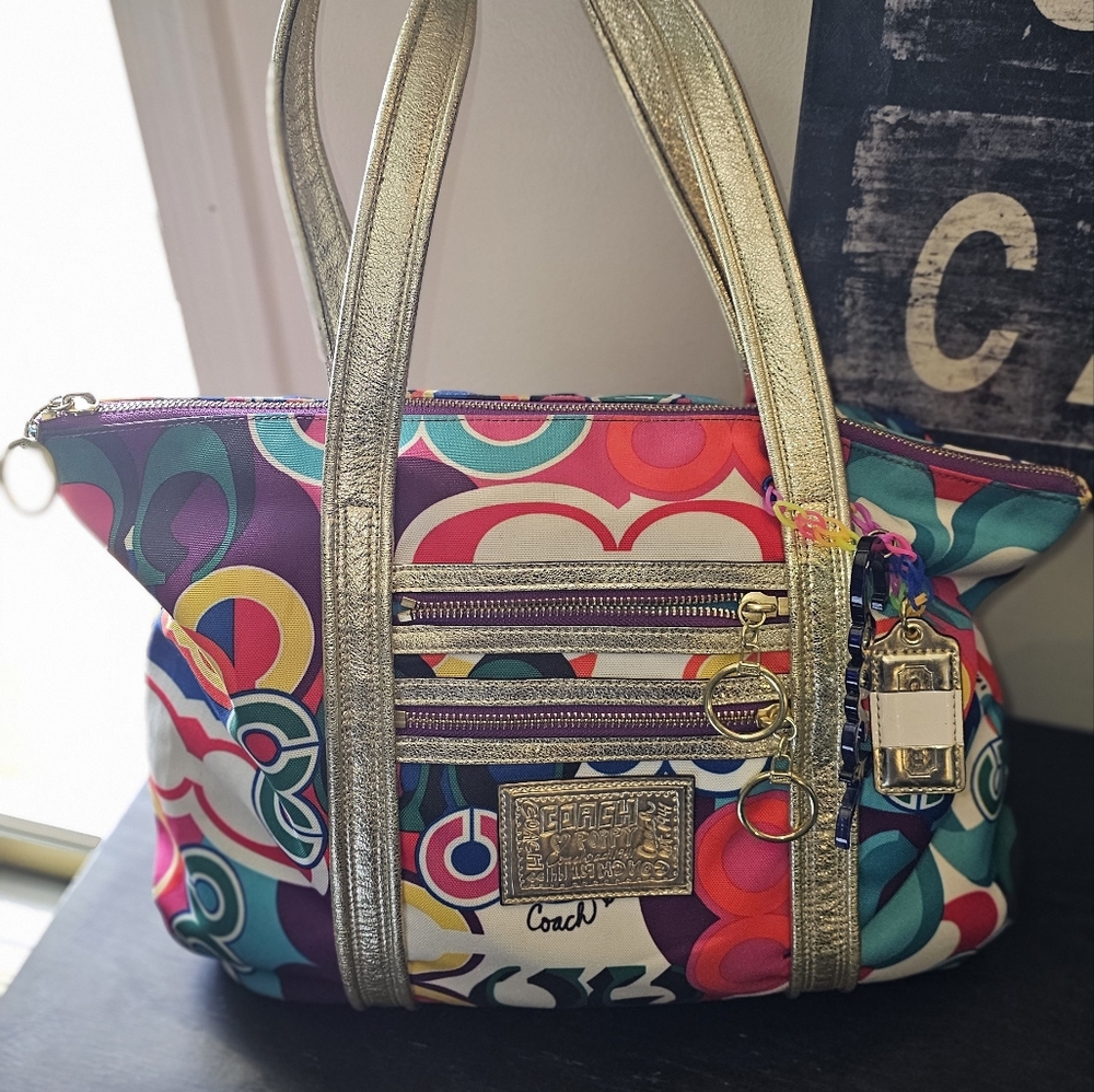 Colorful Coach Women's Bag with Gold Accents